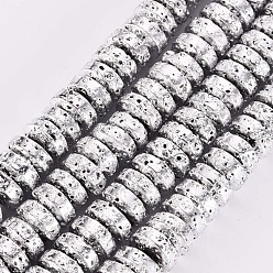 Silver Electroplated Natural Lava Rock Beads Strands, Flat Round/Disc, Heishi Beads, Bumpy, Silver, 8.5x4mm, Hole: 1mm, about 104~105pcs/strand, 15.75 inch~15.94 inch(40cm~40.5cm)