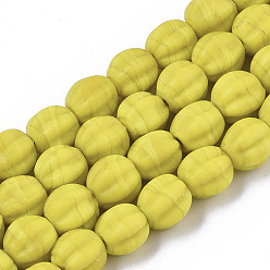 Желтый Ручной работы бусины матовое бисер нитей, гофрированные шарики, круглые, желтые, 9.5~10.5x10.5 мм, отверстие : 1.2 мм, около 80 шт / нитка, 31.89 дюйм