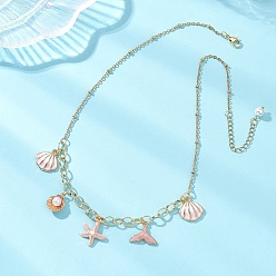 Pink Подвеска в форме морской звезды из эмалевого сплава с китовым хвостом, латунной цепочкой и 304 цепочкой-спутником из нержавеющей стали для женщин, золотые, розовые, 17.80 дюйм (45.2 см)