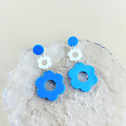 Озёрно--синий Акриловые полые серьги-гвоздики с цветком, с пинами из нержавеющей стали , платина, Плут синий, 75 мм