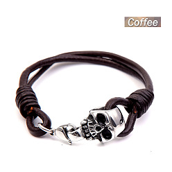 Коричневый Браслеты из нержавеющей стали и кожаного шнура для мужчин в стиле панк-череп, античное серебро, кофе, внутренний диаметр: 2-1/8 дюйм (5.5 см)