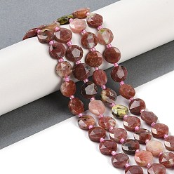 Plum Blossom Jasper Натуральные нити из яшмы в цвету сливы, граненый пятиугольный разрез, плоско-круглые, с бисером, 10~10.5x5~6 мм, отверстие : 1 мм, около 32~33 шт / нитка, 15.75'' (40 см)