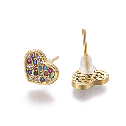 Золотой Латунь кубического циркония серьги стержня, сердце, красочный, золотые, 8x9x1.5 мм , штифт: 0.8 мм