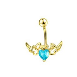 Голубой 304 изогнутые кольца для живота с подвеской из нержавеющей стали и кубическим цирконием, сердце с крыльями ангела, золотые, голубой, длина стержня: 3/8"(10мм), штифты : 1.2 мм