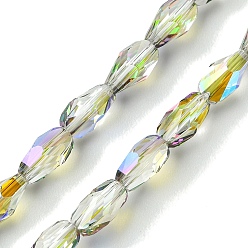 Светло-зеленый Прозрачные стеклянные бусины гальваническим пряди, с половиным покрытием цвета радуги, граненые, слеза, светло-зеленый, 7~7.5x4x4 мм, отверстие : 1 мм, около 70~71 шт / нитка, 20.31'' (51.6 см)