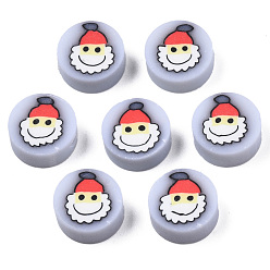 Red Handmade Polymer Clay Beads, Flat Round with Father Christmas, Red, 9~9.5x4mm, Hole: 1.6mm