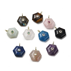 Смешанные камни Природные каменные смешанные подвески, граненые шестиугольные подвески с латунной микрофиброй, золотые, смешанные окрашенные и неокрашенные, 21~22x19~20x6.5~7.5 мм, отверстие : 3.5x2.5 мм