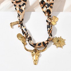 Настоящее золото 18K Ковбойское ожерелье из нержавеющей стали и натурального тигрового глаза в форме сердца коровы, Женские ожерелья-сарафаны из полиэстера с леопардовым принтом, песчаный коричневый, реальный 304 k позолоченный, 18 дюйм (29.13 см)