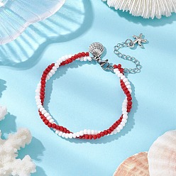 Красный Браслеты из стеклянного бисера ручной работы для женщин, с подвеской в форме ракушки из сплава, красные, 6-7/8 дюйм (17.6 см)