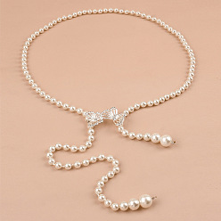 Бабочка Белые пластиковые искусственные жемчужины круглые бусины кисточки цепочка пояса для платья, серебряный цвет гальваническим, бабочка, 1010 мм