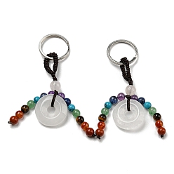 Quartz Crystal 7 Chakra Natural Gemstone Tassel Keychain, Quartz Crystal Donut Reiki Healing Keychain, with Platinum Tone Iron Ring, 9.5~10.2cm