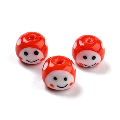 Orange Red Handmade Lampwork Beads, Rondelle with Smile, Orange Red, 11x13.5mm, Hole: 1.3~2.3mm