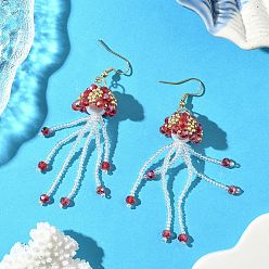 Красный 304 серьги-подвески в форме медузы из стеклянных бусин из нержавеющей стали, со стеклянным жемчугом, золотые, красные, 82x19 мм