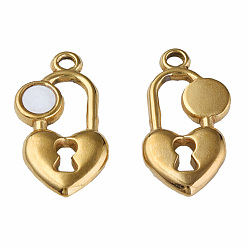 Golden 304 Stainless Steel Charms, with White Shell, Heart-Shaped Lock, Golden, 20x11x2.5mm, Hole: 1.6mm