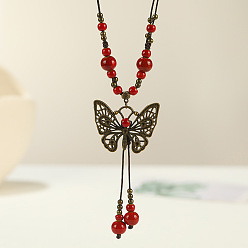 (123L) Белый крем непрозрачный блеск Длинные ожерелья с подвеской в виде бабочки из сплава и фарфора в этническом стиле для женщин, античная бронза, огнеупорный кирпич, 15.75~31.50 дюйм (40~80 см)