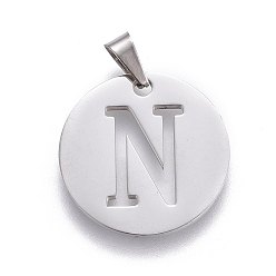 Letter N Anlaufgeschützt 201 Anhänger aus Edelstahl, flach rund mit Brief, Edelstahl Farbe, Buchstabe n, 20x1.3 mm, Bohrung: 4x3 mm