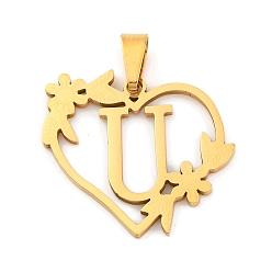 Letter U Ионное покрытие (ip) 201 подвески из нержавеющей стали, сердце с подвесками в виде букв, золотые, Буква U, 23x25x1.5 мм, отверстие : 7.5x3.5 мм