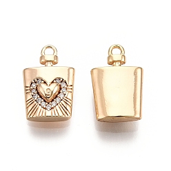 Настоящее золото 18K Латунные микропаве прозрачные подвески с фианитом, без никеля , бутылка вина с сердцем, реальный 18 k позолоченный, 15.5x10x4 мм, отверстие : 1.6 мм