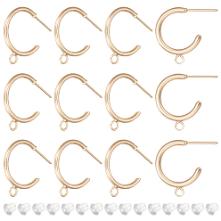 Настоящее золото 18K 12 шт. латунные серьги-гвоздики с кольцами, фурнитура для сережек полукольцо с горизонтальными петлями, без никеля , с 30 пластиковыми ушными гайками, реальный 18 k позолоченный, 23x24x2 мм, отверстие : 2 мм, штифты : 0.7 мм