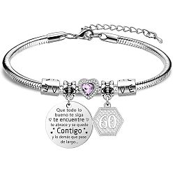 Нержавеющая Сталь Цвет День рождения 201 браслеты с подвесками из нержавеющей стали, браслеты из змеиной цепи для женщин, шестиугольник, сердце и овал, цвет нержавеющей стали, 3 дюйм (7.5 см)