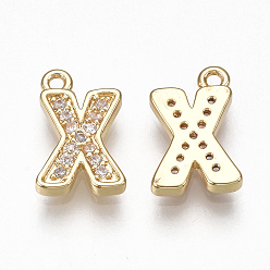 Letter X Brass Cubic Zirconia Charms, Letter, Clear, Real 18K Gold Plated, Letter.X, 11x7x1.5mm, Hole: 1mm