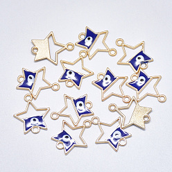 Blue Alloy Enamel Links connectors, Star with Evil Eye, Light Gold, Blue, 19.5x16.5x1.5mm, Hole: 1.8mm