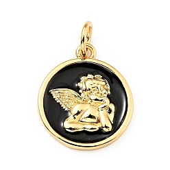 Черный Латунь эмаль подвески, с прыжковых колец, без кадмия и без свинца, реальный 18 k позолоченный, плоские круглые с ангелом, чёрные, 18.5 мм, отверстие : 3.5 мм