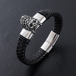 Античный Серебристый & Цвет Нержавеющей Стали Браслеты из плетеного шнура из искусственной кожи в стиле панк, 304 Браслеты с подвесками в виде черепа из нержавеющей стали для мужчин, с магнитной застежкой, старинное серебро и цвет нержавеющей стали, 8.27 дюйм (21 см)