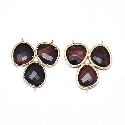 Tiger Eye Natural Tiger Eye Chandelier Component Links, 3 Loop Connectors, with Brass Findings, Faceted, Golden, 38~38.5x35x4mm, Hole: 1.2mm
