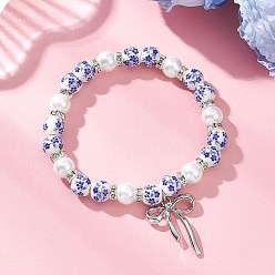 Средно-синий Браслеты с подвесками в виде банта из латуни, эластичные браслеты из фарфора и стеклянных бусин с напечатанным рисунком для женщин, платина, светло-синий, внутренний диаметр: 2-3/8 дюйм (6 см)