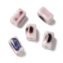 Pink Handmade Porcelain Beads, Cuboid, Pink, 12~13x7~7.5x7~7.5mm, Hole: 2.5mm