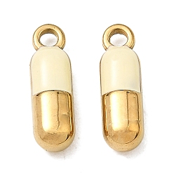 Бежевый 316 хирургические эмалевые подвески из нержавеющей стали, овальные/таблеточные подвески, ионное покрытие (ip), реальный 18 k позолоченный, бежевые, 15x4.5x4 мм, отверстие : 1.6 мм