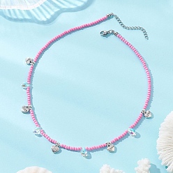 Ярко-Розовый Бохо 304 подвеска в форме сердца из нержавеющей стали, ожерелье из стеклянного бисера, старинное серебро и цвет нержавеющей стали, ярко-розовый, 17.52~18.31 дюйм (44.5~46.5 см)