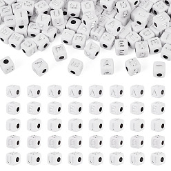 White 150Pcs 5 Styles Opaque Acrylic Beads, Cube with Letter A E I O U, Silver Metal Enlaced, White, 9~10x9~10x9~10mm, Hole: 4mm, 30pcs/style