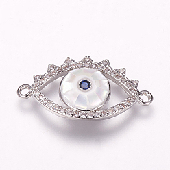 Platinum Brass Micro Pave Cubic Zirconia Links, with Freshwater Shell, Eye, Platinum, 14x25x3mm, Hole: 1mm