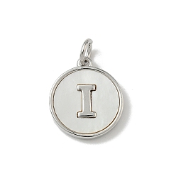 Letter I Латунный паве натуральный ракушка плоский круглый с буквенными подвесками, платина, долговечный, без свинца и без кадмия, стойки покрытие, цвет морской раковины, Буква "i", 15x13x2 мм, отверстие : 3 мм
