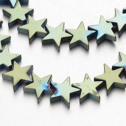 Зеленое Покрытие Гальванизировать немагнитных синтетический гематит нитей бисера, звезда, зеленый покрытием, 10x10x2~3 мм, отверстие : 1 мм, около 47 шт / нитка, 15.5 дюйм