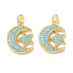 Golden Brass Rhinestone Pendants, Moon with Star Charms, Golden, 18.5x14.5x3mm, Hole: 5x3mm
