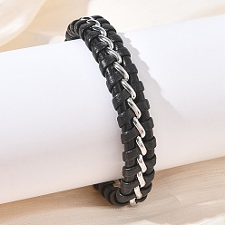 Black Braided Microfiber Leather Cord Bracelets, 304 Stainless Steel Bracelets for Men, with Magnetic Clasps, Black, 8.39 inch(21.3cm)