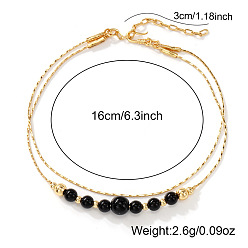 Черный Латунный двухслойный браслет, Браслет из круглых стеклянных бусин для женщин, чёрные, 6.30 дюйм (16 см)