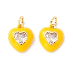 Желтый Подвески из латуни с покрытием из прозрачного кубического циркония, с эмалью, без кадмия и без свинца, реальный 18 k позолоченный, сердце, желтые, 14x12x4 мм, Перейти кольцо: 6x1 мм, Диаметр 4 мм Инер