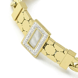 Golden Natural Shell & Cubic Zirconia Rectangle Link Bracelet, with 304 Stainless Steel Chains, Golden, 7-1/8 inch(18cm)