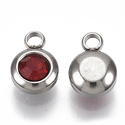 Светло-сиамский Горный хрусталь прелести, очарование камня января, с 201 нержавеющей стали, плоско-круглые, цвет нержавеющей стали, Light Siam, 9x6.5x4 мм, отверстие : 1.8 мм