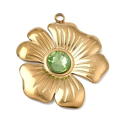 Oro 304 Colgantes del rhinestone del acero inoxidable, encantos de la flor, dorado, 28x24.5x3.5 mm, agujero: 2 mm