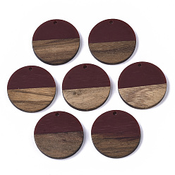 Темно-Красный Подвески из смолы и дерева, плоско-круглые, темно-красный, 28.5x3.5~4 мм, отверстие : 1.5 мм