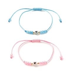 Светло-Голубой 2 Плоские круглые браслеты из плетеных акриловых бусин с сердцем и стеклянными семенами, регулируемые браслеты со светящимися бусинами для женщин, светло-голубой и розовый, внутренний диаметр: 2~3-3/8 дюйм (5~8.7 см)