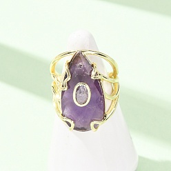 Amethyst Natural Amethyst Cuff Rings, Teardrop, Brass Pave Cubic Zirconia Cuff Open Rings, Faceted, Golden, 26.5mm, Inner Diameter: 18mm