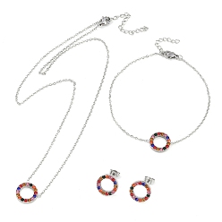 Нержавеющая Сталь Цвет Кольцо 304 комплекты ожерелий, браслетов и серег из нержавеющей стали с разноцветными подвесками и стразами для женщин, цвет нержавеющей стали, ожерелье: 17.72 дюйм (450 мм)