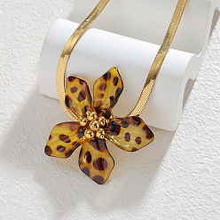 Седло Коричневый Акриловый леопардовый принт 3 Подвеска в виде цветка 304 Плоская цепочка-змейка из нержавеющей стали для женщин, золотые, седло коричневый, 16.14 дюйм (41 см)