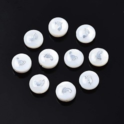 Platinum Natural Freshwater Shell Beads, with Brass Metal Embellishments, Flat Round with Footprint, Platinum, 8x4~5mm, Hole: 0.6mm